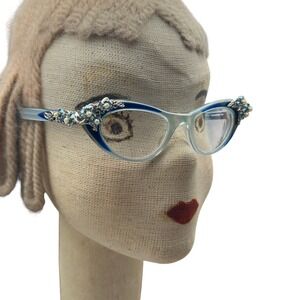 Vintage Original 50s Elsa Schiaparelli Eyewear Blue Glasses Cat Eye Beaded